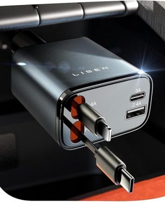 LISEN Retractable Car Charger, 84W Car Charger USB C Fast Charger Adapterfor iPhone, Travel Essentials Car Accessories for Men Women, Gifts for Fathers Day for Men Women for iPhone 17 16 15 14 13 12
